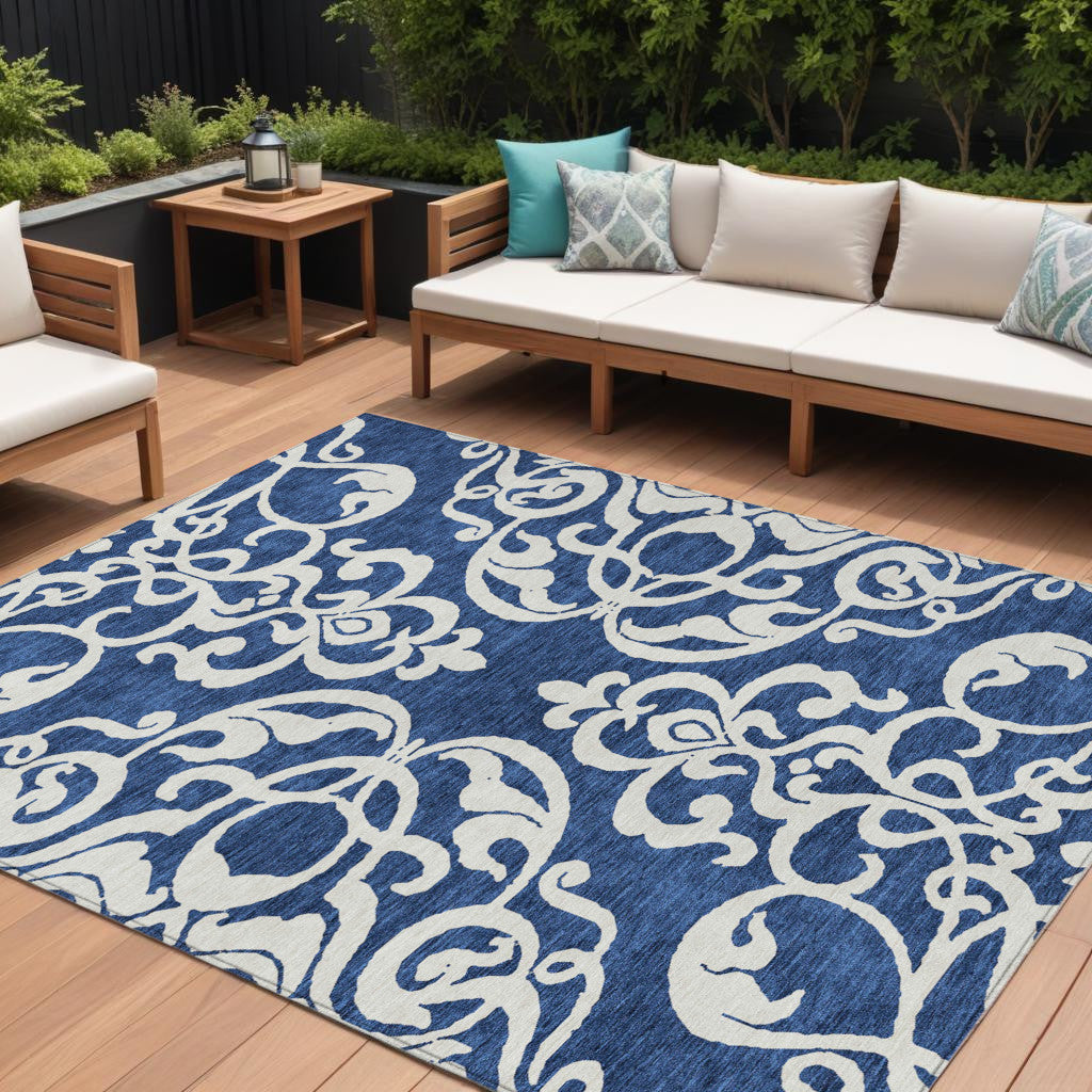 9 X 12 Navy Blue And Ivory Damask Washable Indoor Outdoor Area Rug