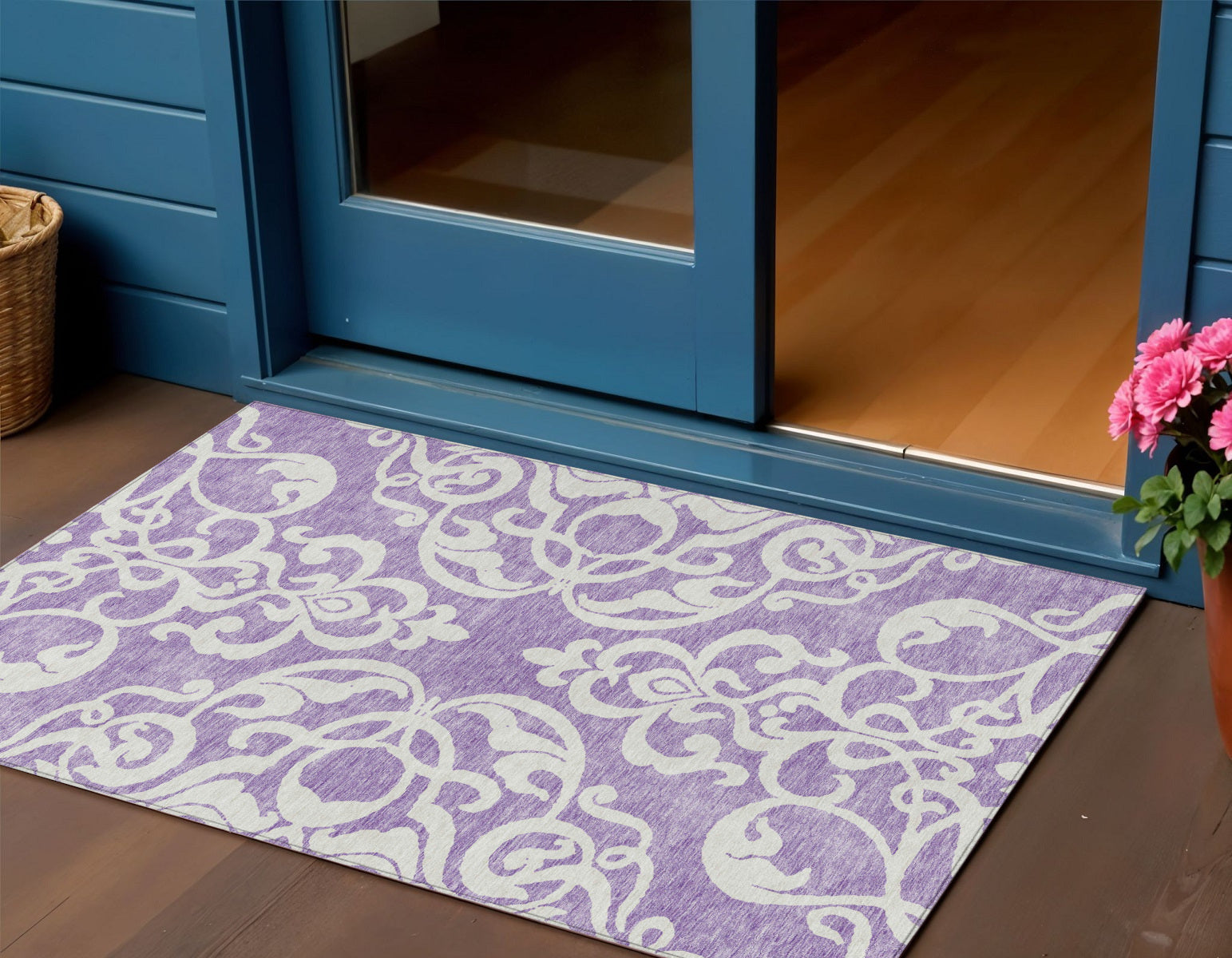 3 X 5 Purple And Ivory Damask Washable Indoor Outdoor Area Rug