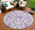 8 Purple And Ivory Round Damask Washable Indoor Outdoor Area Rug
