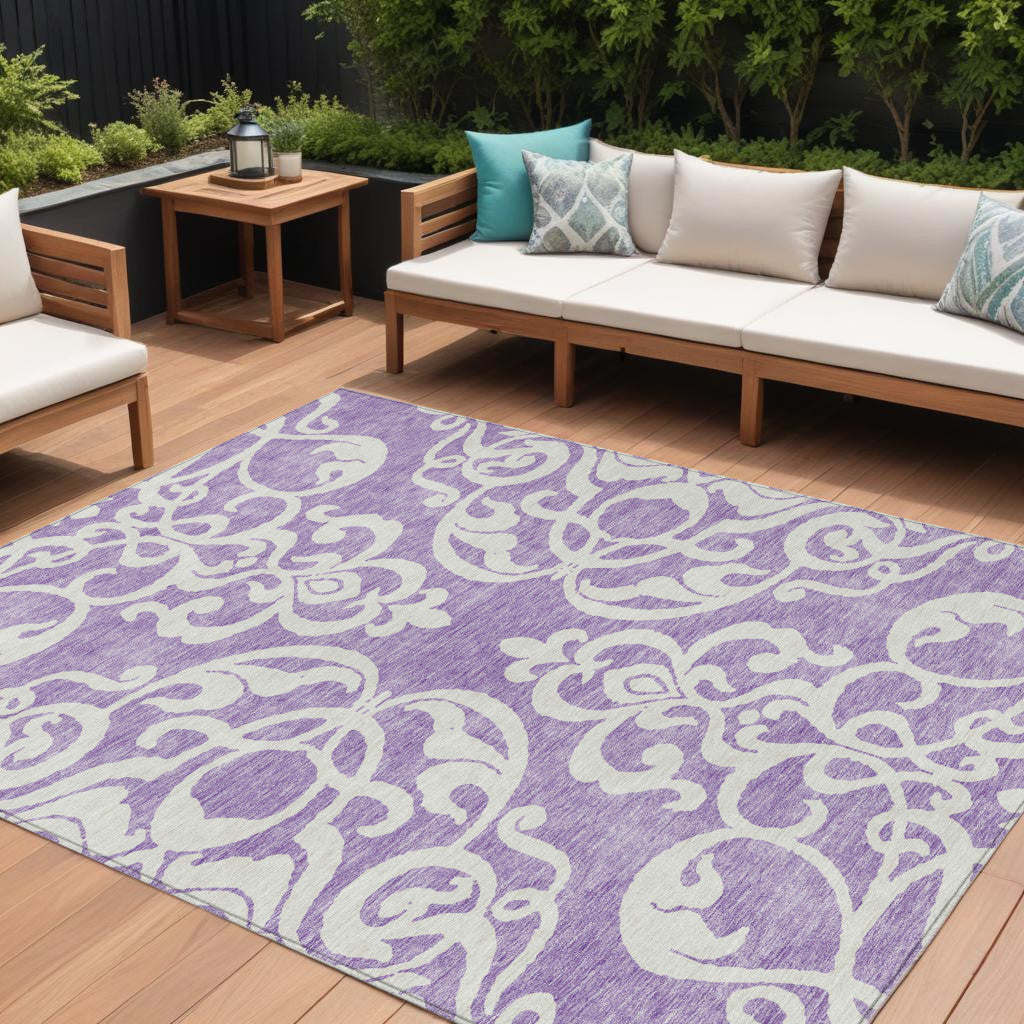 8 X 10 Purple And Ivory Damask Washable Indoor Outdoor Area Rug