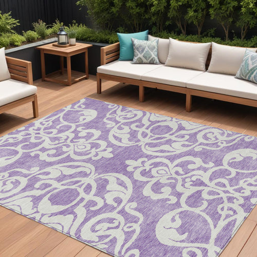 10 X 14 Purple And Ivory Damask Washable Indoor Outdoor Area Rug