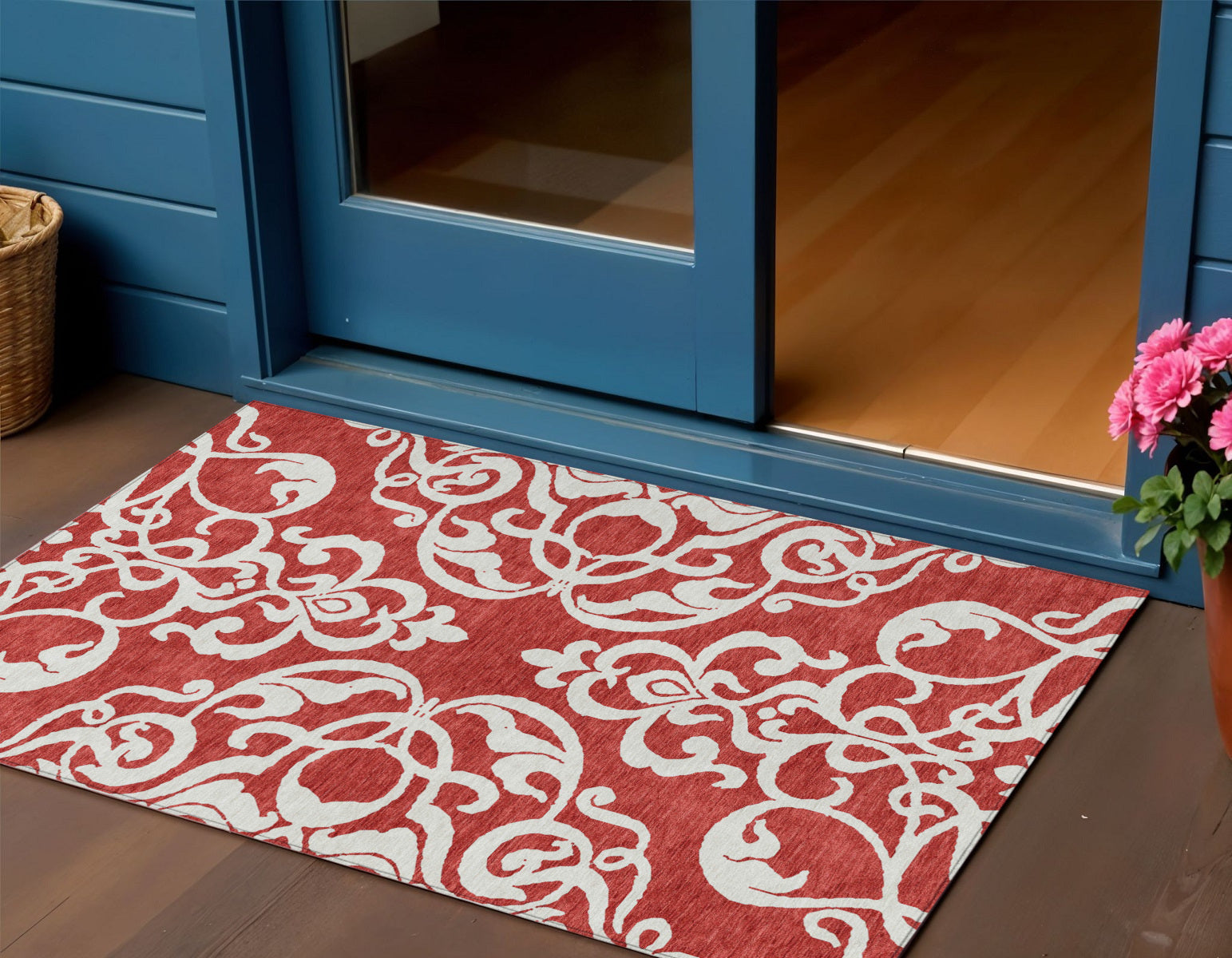3 X 5 Red And Ivory Damask Washable Indoor Outdoor Area Rug