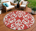 8 Red And Ivory Round Damask Washable Indoor Outdoor Area Rug