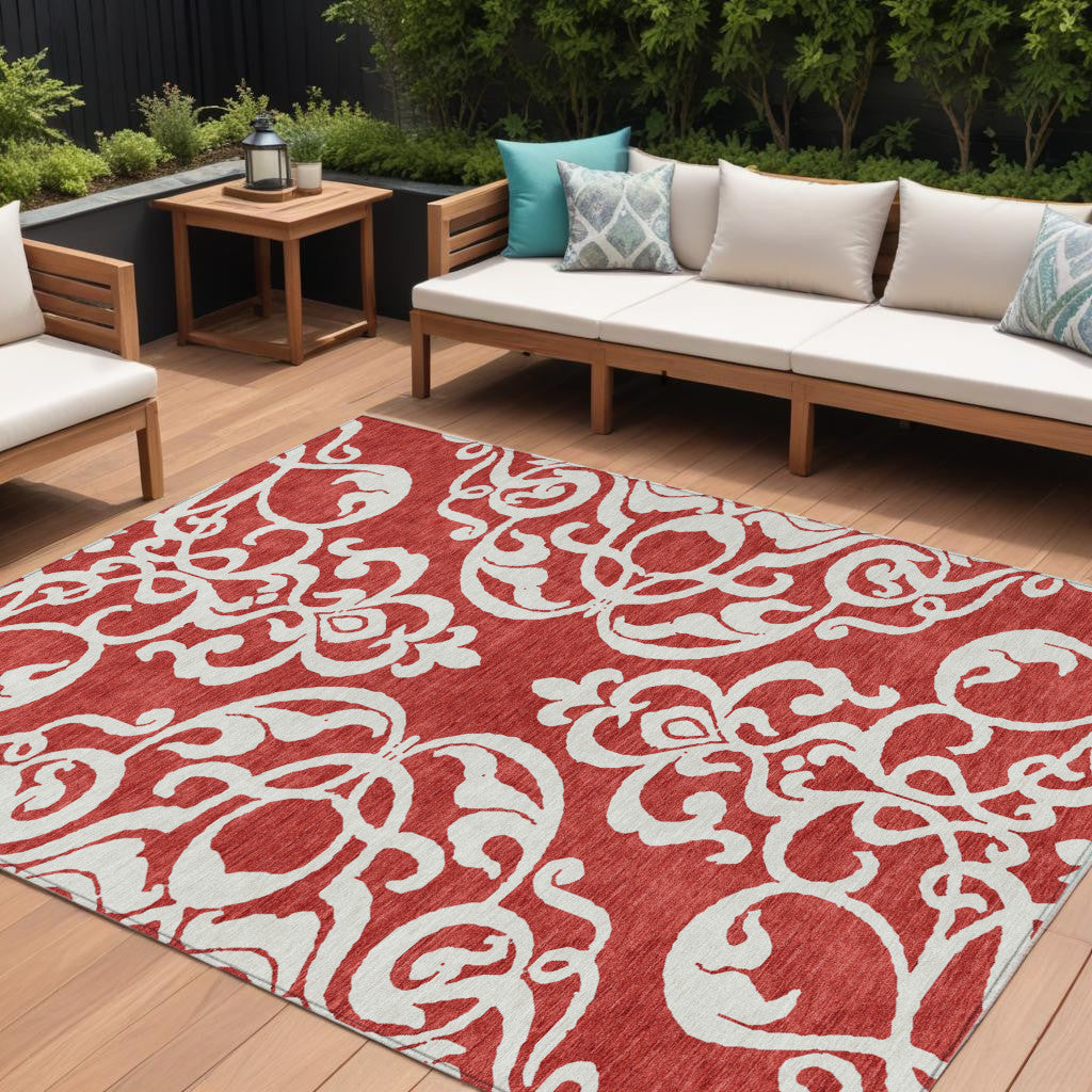 10 X 14 Red And Ivory Damask Washable Indoor Outdoor Area Rug