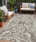 5 X 8 Taupe And Ivory Damask Washable Indoor Outdoor Area Rug
