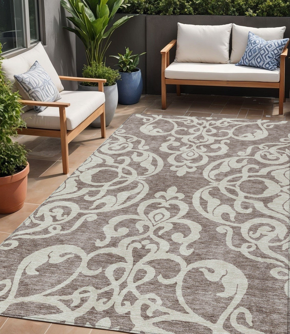 5 X 8 Taupe And Ivory Damask Washable Indoor Outdoor Area Rug