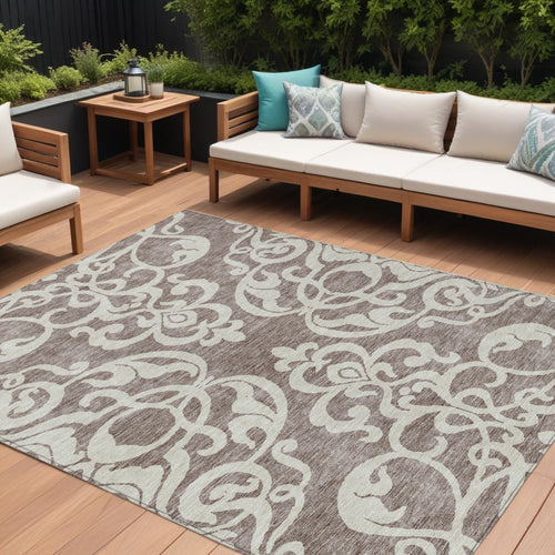 10 X 14 Taupe And Ivory Damask Washable Indoor Outdoor Area Rug