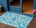 3 X 5 Turquoise And Ivory Damask Washable Indoor Outdoor Area Rug