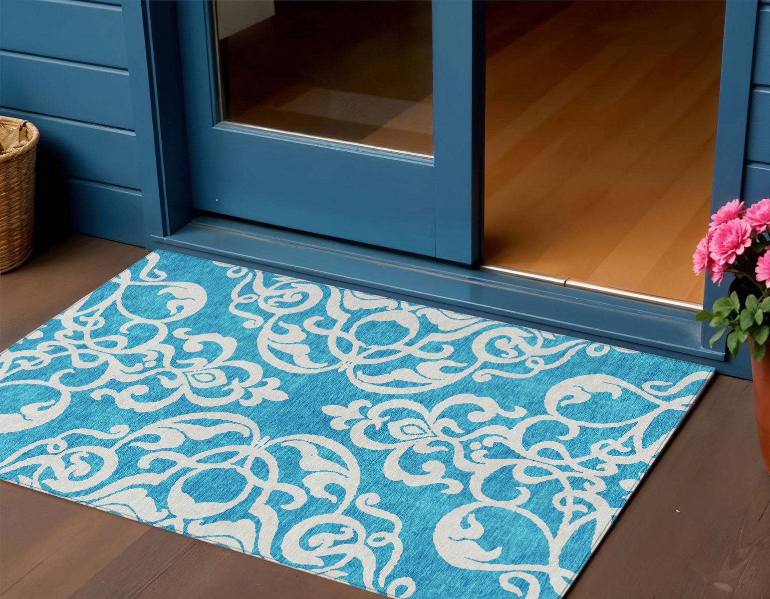 3 X 5 Turquoise And Ivory Damask Washable Indoor Outdoor Area Rug