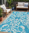 5 X 8 Turquoise And Ivory Damask Washable Indoor Outdoor Area Rug