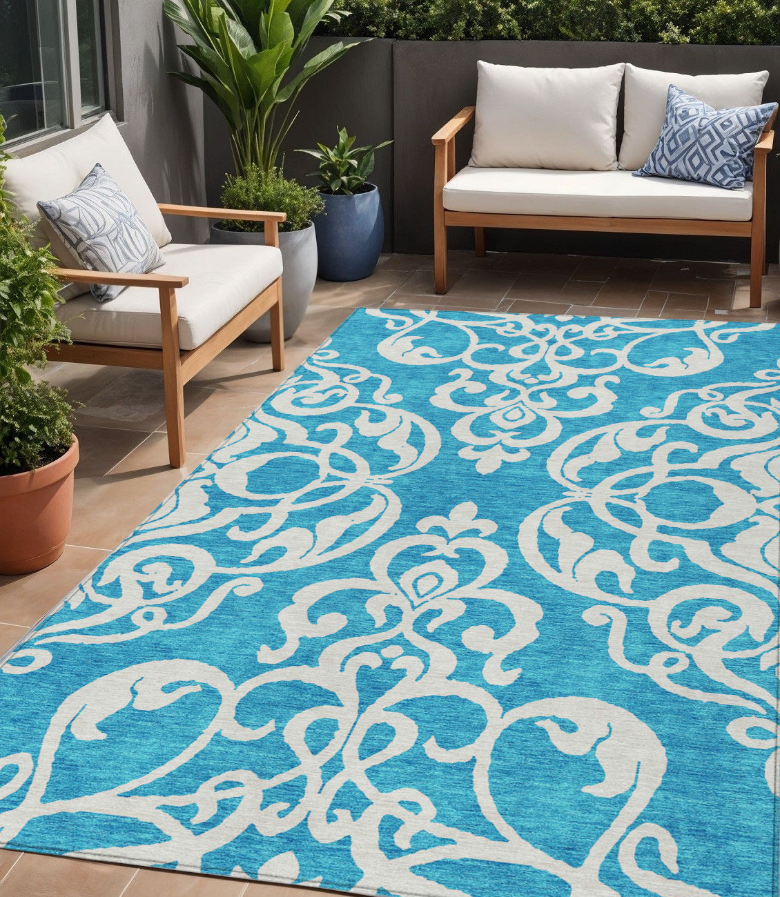 5 X 8 Turquoise And Ivory Damask Washable Indoor Outdoor Area Rug