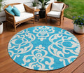8 Turquoise And Ivory Round Damask Washable Indoor Outdoor Area Rug