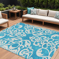 8 X 10 Turquoise And Ivory Damask Washable Indoor Outdoor Area Rug