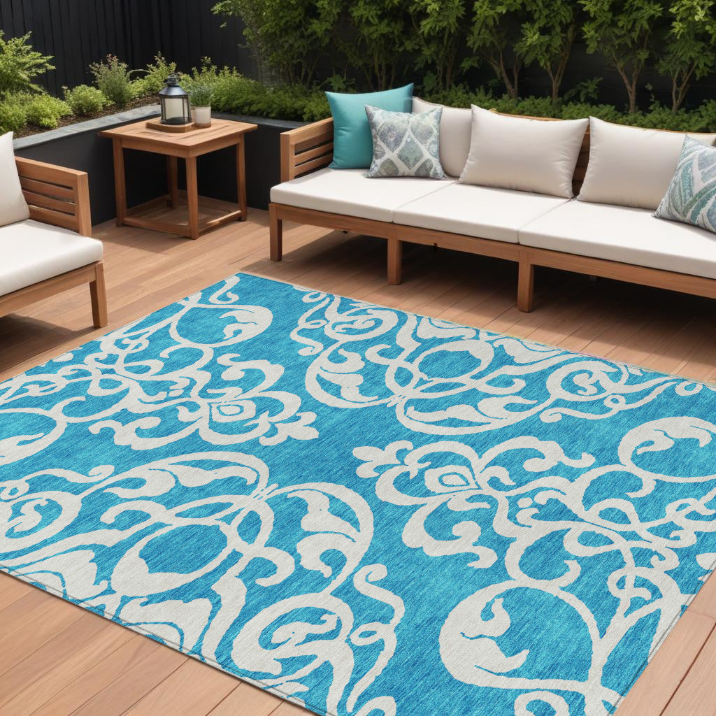 8 X 10 Turquoise And Ivory Damask Washable Indoor Outdoor Area Rug
