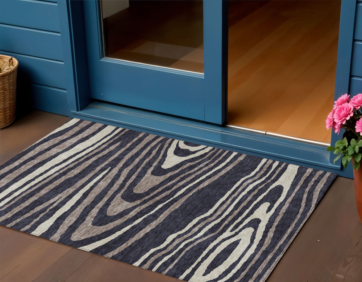 3 X 5 Black Taupe And Beige Faux Bois Washable Indoor Outdoor Area Rug