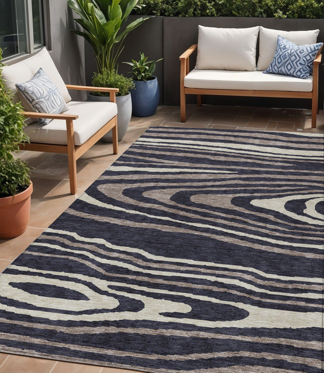 5 X 8 Black Taupe And Beige Faux Bois Washable Indoor Outdoor Area Rug
