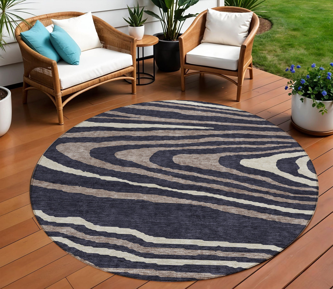 8 Black Taupe And Beige Round Faux Bois Washable Indoor Outdoor Area Rug
