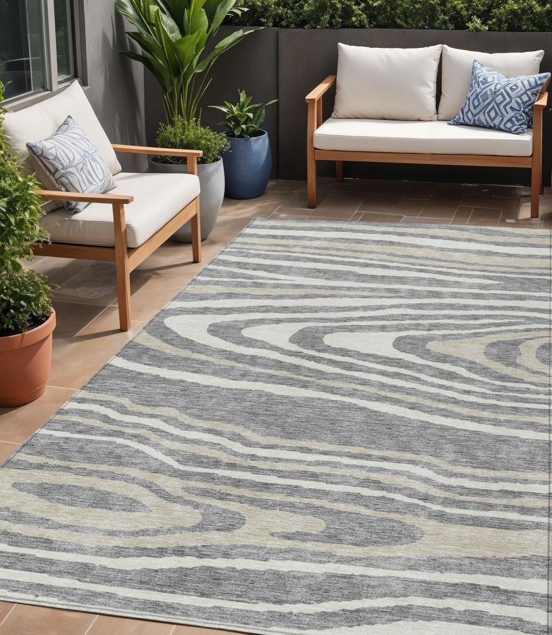 5 X 8 Gray Ivory And Beige Faux Bois Washable Indoor Outdoor Area Rug