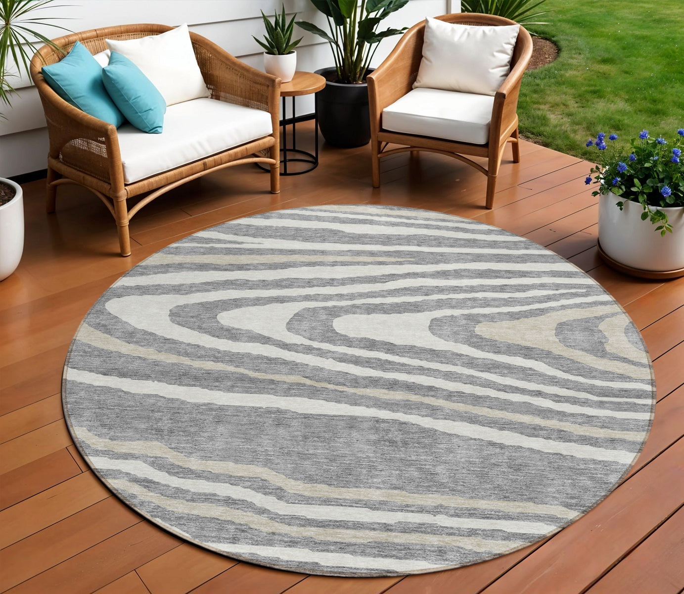 8 Gray Ivory And Beige Round Faux Bois Washable Indoor Outdoor Area Rug