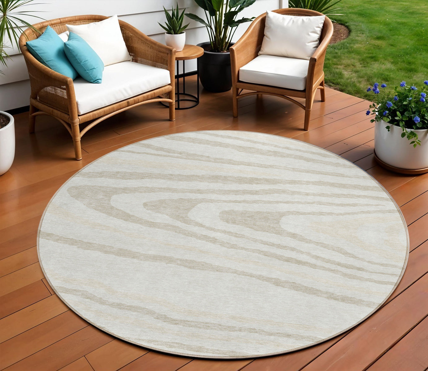 8 Ivory Beige And Taupe Round Faux Bois Washable Indoor Outdoor Area Rug