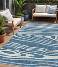 5 X 8 Navy Blue Denim Blue And Ivory Faux Bois Washable Indoor Outdoor Area Rug