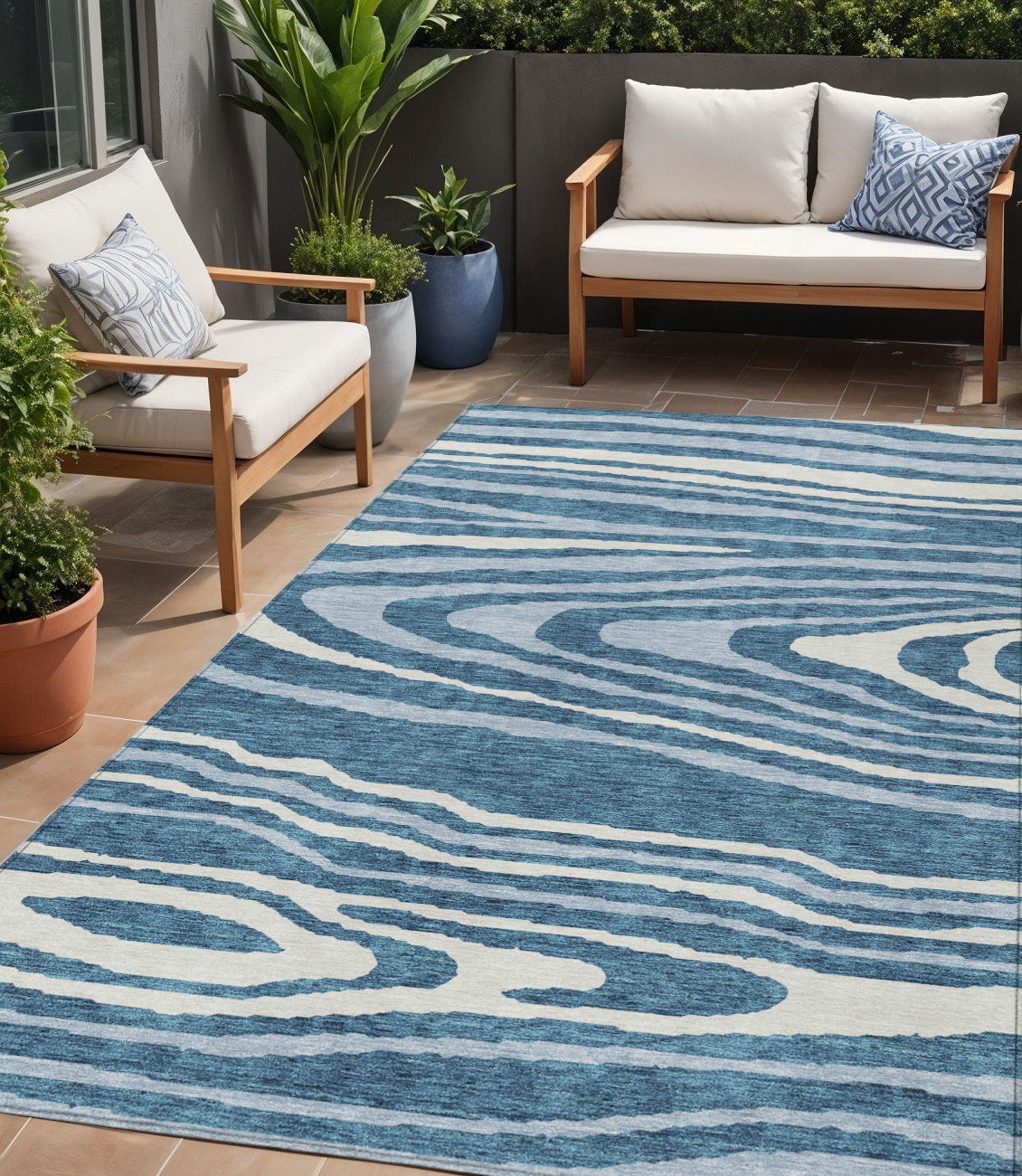 5 X 8 Navy Blue Denim Blue And Ivory Faux Bois Washable Indoor Outdoor Area Rug
