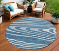 8 Navy Blue Denim Blue And Ivory Round Faux Bois Washable Indoor Outdoor Area Rug