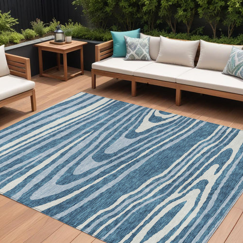 10 X 14 Navy Blue Denim Blue And Ivory Faux Bois Washable Indoor Outdoor Area Rug