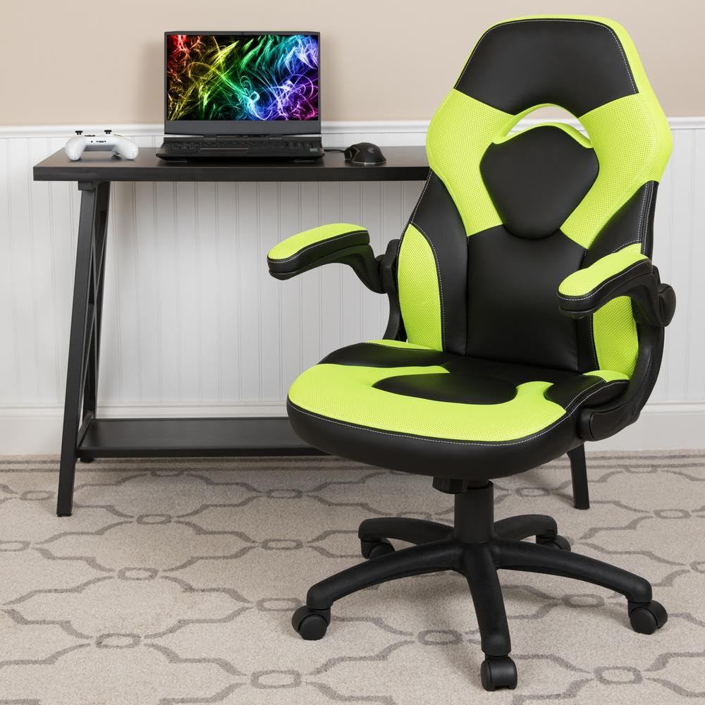 Flash Furniture X10 Gaming Chair Racing Office Ergonomic Computer Pc Adjustable Swivel Chair With Flip-Up Arms, Neon Green/Black Leathersoft