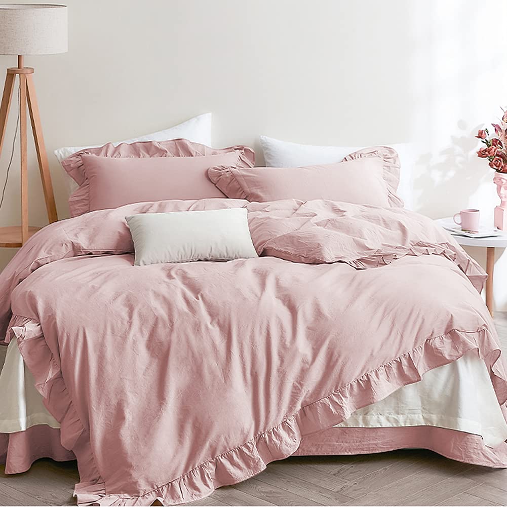 Nayoroom Blush Pink Ruffle Duvet Cover Set Queen Size Vintage Ruffled Fringe Comforter Cover Solid Color Farmhouse Rustic Beddin