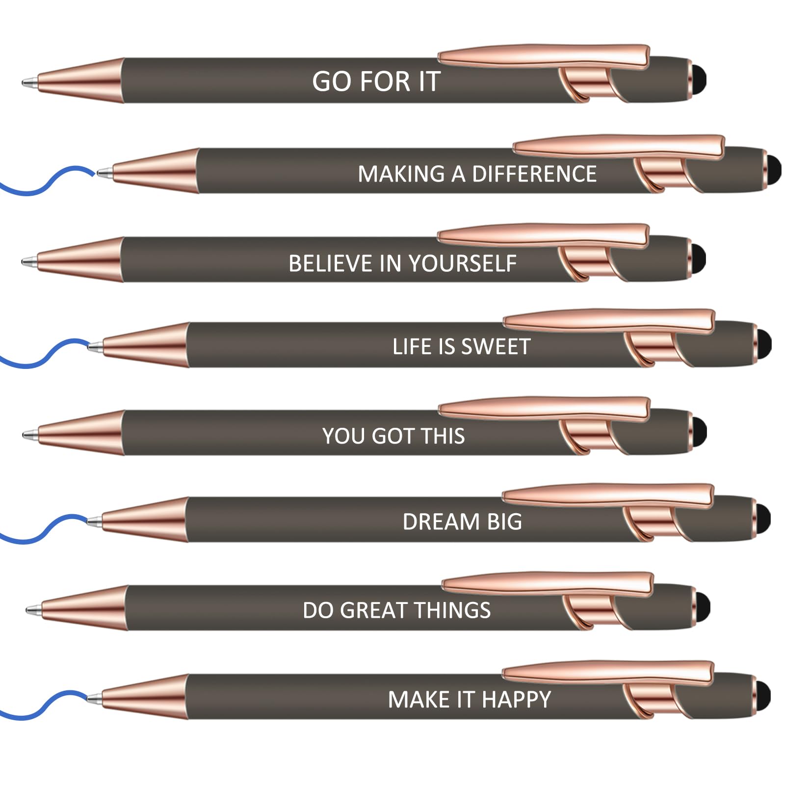 Lragvtbk 8 Pcs Blue Ink Inspirational Pens for Women Quotes Pen Metal Ballpoint Pen with Stylus tips for Office Gift (Gray Roseg