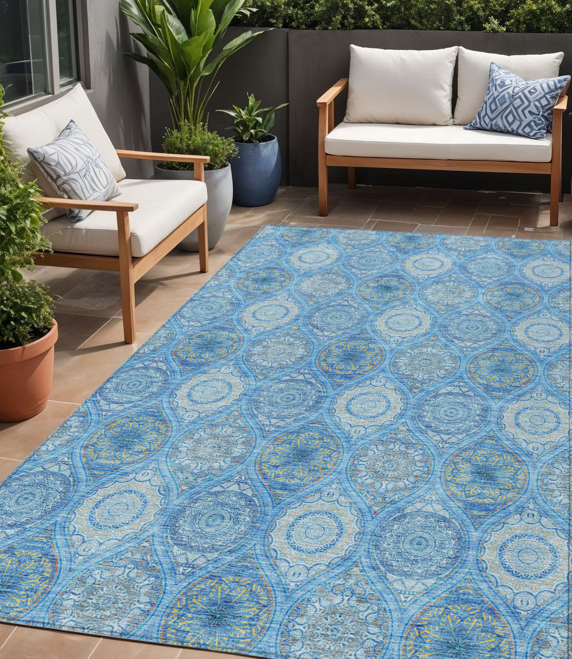 5 X 8 Denim Blue Sky Blue And Ivory Floral Medallion Washable Indoor Outdoor Area Rug