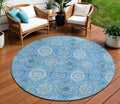 8 Denim Blue Sky Blue And Ivory Round Floral Medallion Washable Indoor Outdoor Area Rug