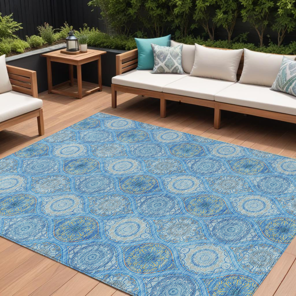 9 X 12 Denim Blue Sky Blue And Ivory Floral Medallion Washable Indoor Outdoor Area Rug