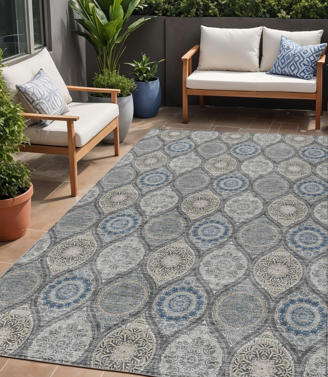5 X 8 Gray Ivory And Navy Blue Floral Medallion Washable Indoor Outdoor Area Rug