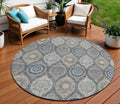 8 Gray Ivory And Navy Blue Round Floral Medallion Washable Indoor Outdoor Area Rug