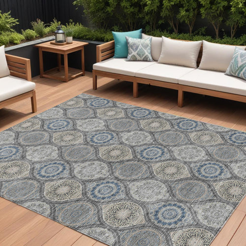 10 X 14 Gray Ivory And Navy Blue Floral Medallion Washable Indoor Outdoor Area Rug