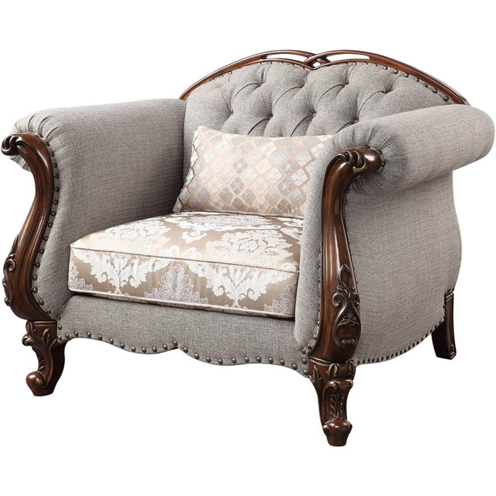 Acme Miyeon Fabric Button Tufted Chair with 1 Pillow in Gray and Cherry