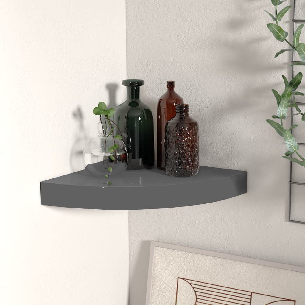 vidaXL High Gloss Gray Floating Corner Shelf, Durable Metal and Honeycomb MDF Material, Easy to Install Wall-Mounted Design with Invisible Mounting System, Versatile 9.8&quot;x9.8&quot;x1.5&quot; Storage Solutio...
