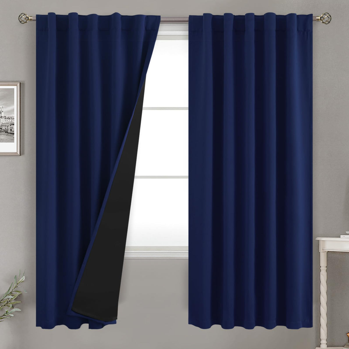 Bgment Navy Blue 100% Blackout Curtains 72 Inches Long With Reducing Noise Liner, Rod Pocket And Back Tab Double Layer Full Room