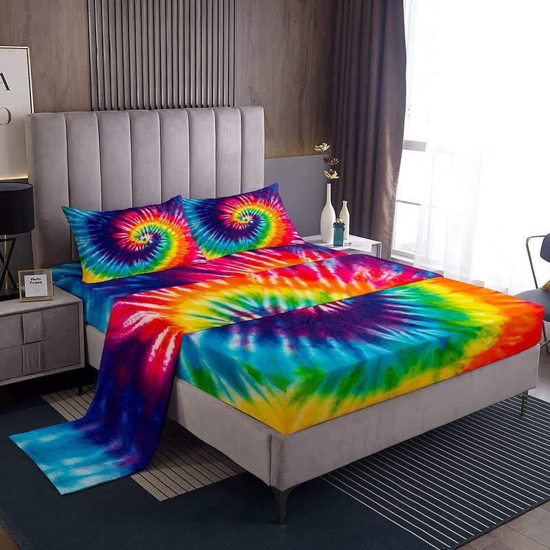 Feelyou Tie Dye Sheet Set King Size Kids Girls Boho Trippy Swirl Bed Sheets Set Ultra Soft Bright Colorful Rainbow Bedding Set W