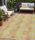 5 X 8 Lime Green Pink And Ivory Floral Medallion Washable Indoor Outdoor Area Rug