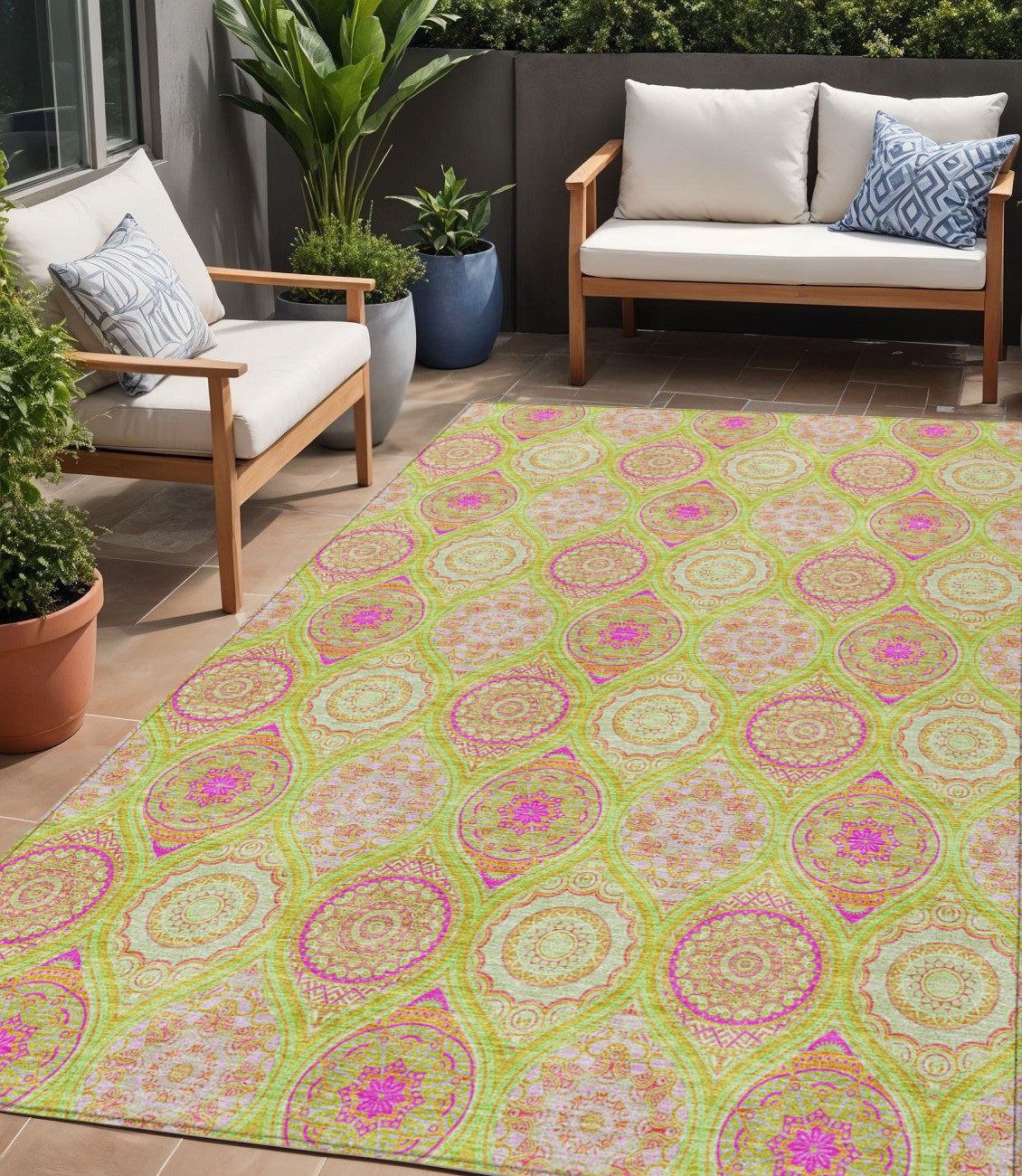 5 X 8 Lime Green Pink And Ivory Floral Medallion Washable Indoor Outdoor Area Rug