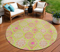 8 Lime Green Pink And Ivory Round Floral Medallion Washable Indoor Outdoor Area Rug