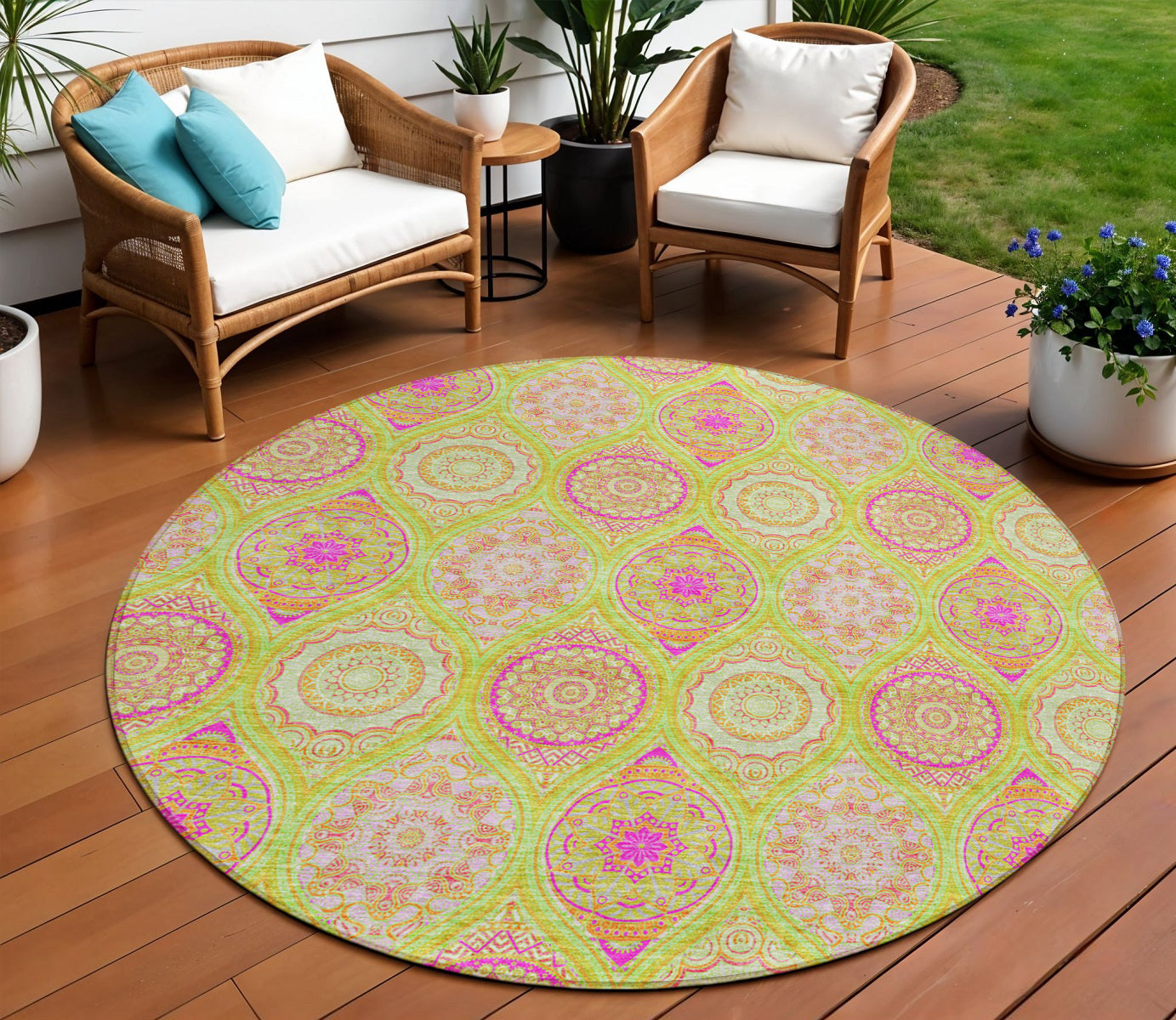 8 Lime Green Pink And Ivory Round Floral Medallion Washable Indoor Outdoor Area Rug