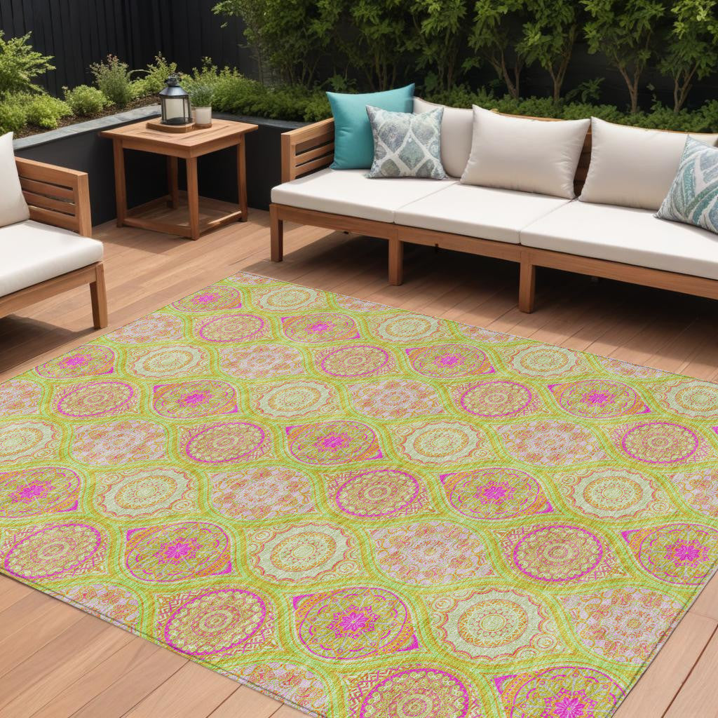 8 X 10 Lime Green Pink And Ivory Floral Medallion Washable Indoor Outdoor Area Rug
