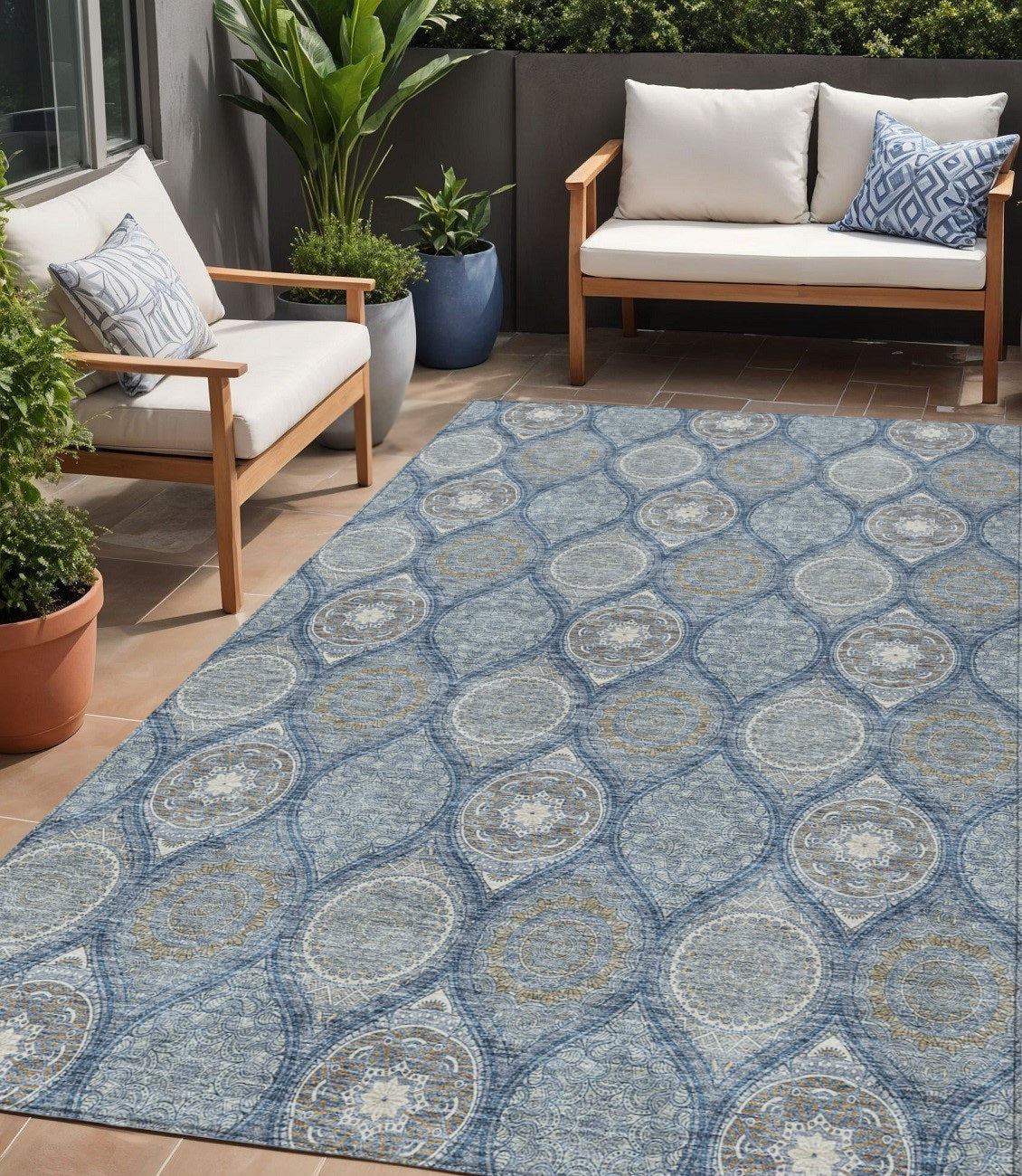 5 X 8 Navy Blue Ivory And Taupe Floral Medallion Washable Indoor Outdoor Area Rug