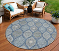 8 Navy Blue Ivory And Taupe Round Floral Medallion Washable Indoor Outdoor Area Rug