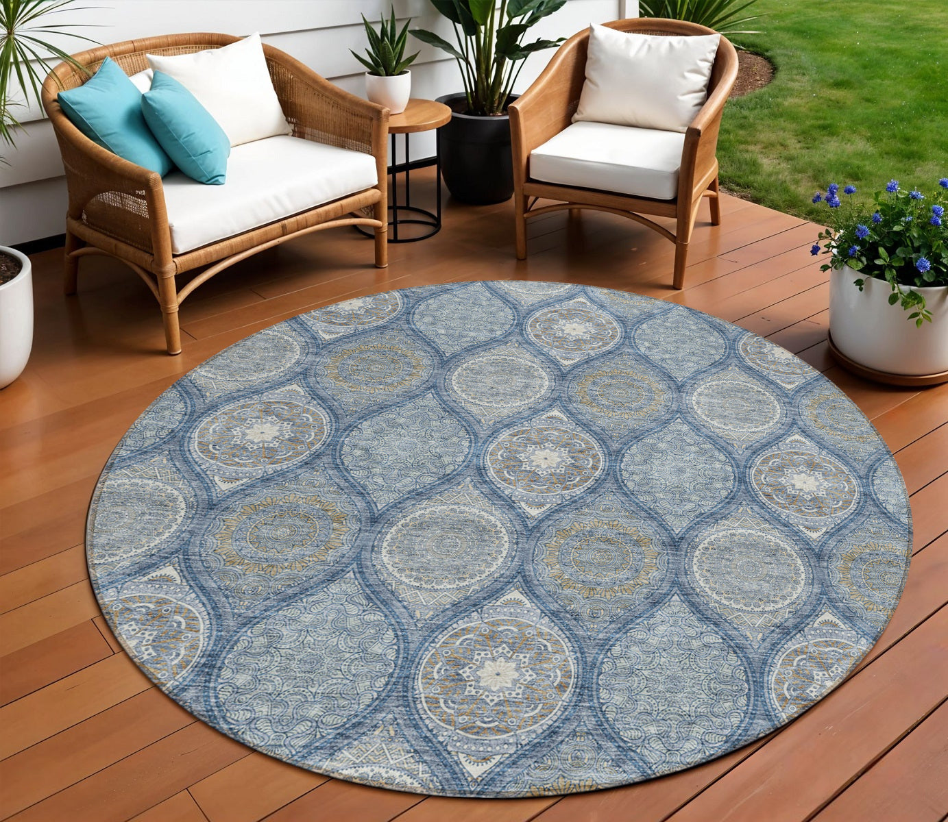 8 Navy Blue Ivory And Taupe Round Floral Medallion Washable Indoor Outdoor Area Rug