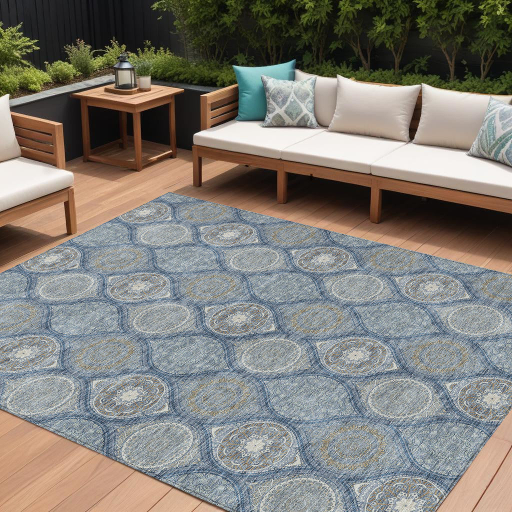 8 X 10 Navy Blue Ivory And Taupe Floral Medallion Washable Indoor Outdoor Area Rug